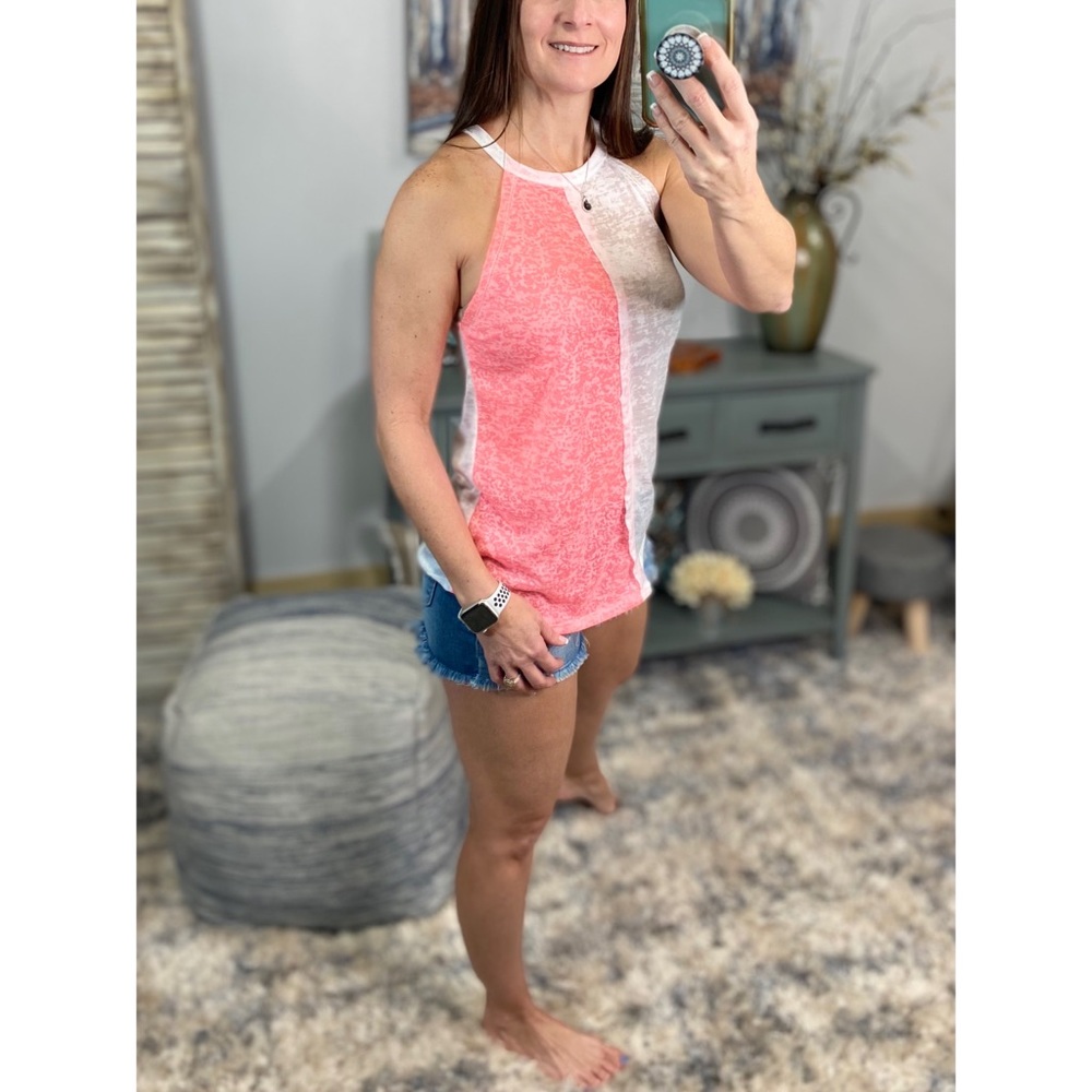 ❤️‍🔥Halter Color Block Racerback Burnout Scoop Neck Tank Neon Pink White 0622 - Picture 10 of 10